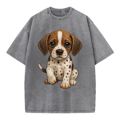 Baby Pointer Puppy - spotted coat, noble stance, alert eyes, front-facing, - Vintage T-shirt - Grey