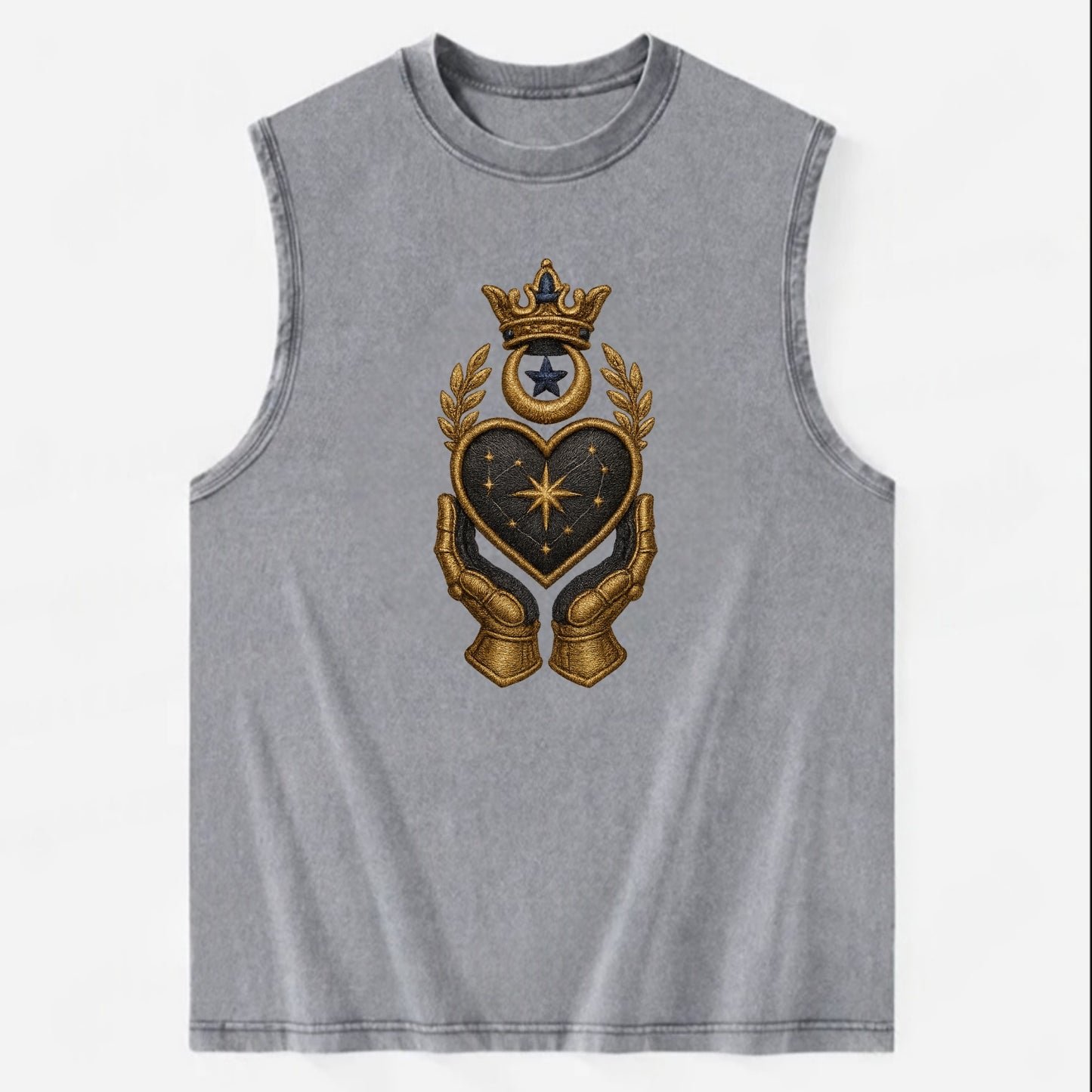 Crowned heart with Art Deco sunburst crown and geometric filigree hands - Vintage Washed Tank - Grey