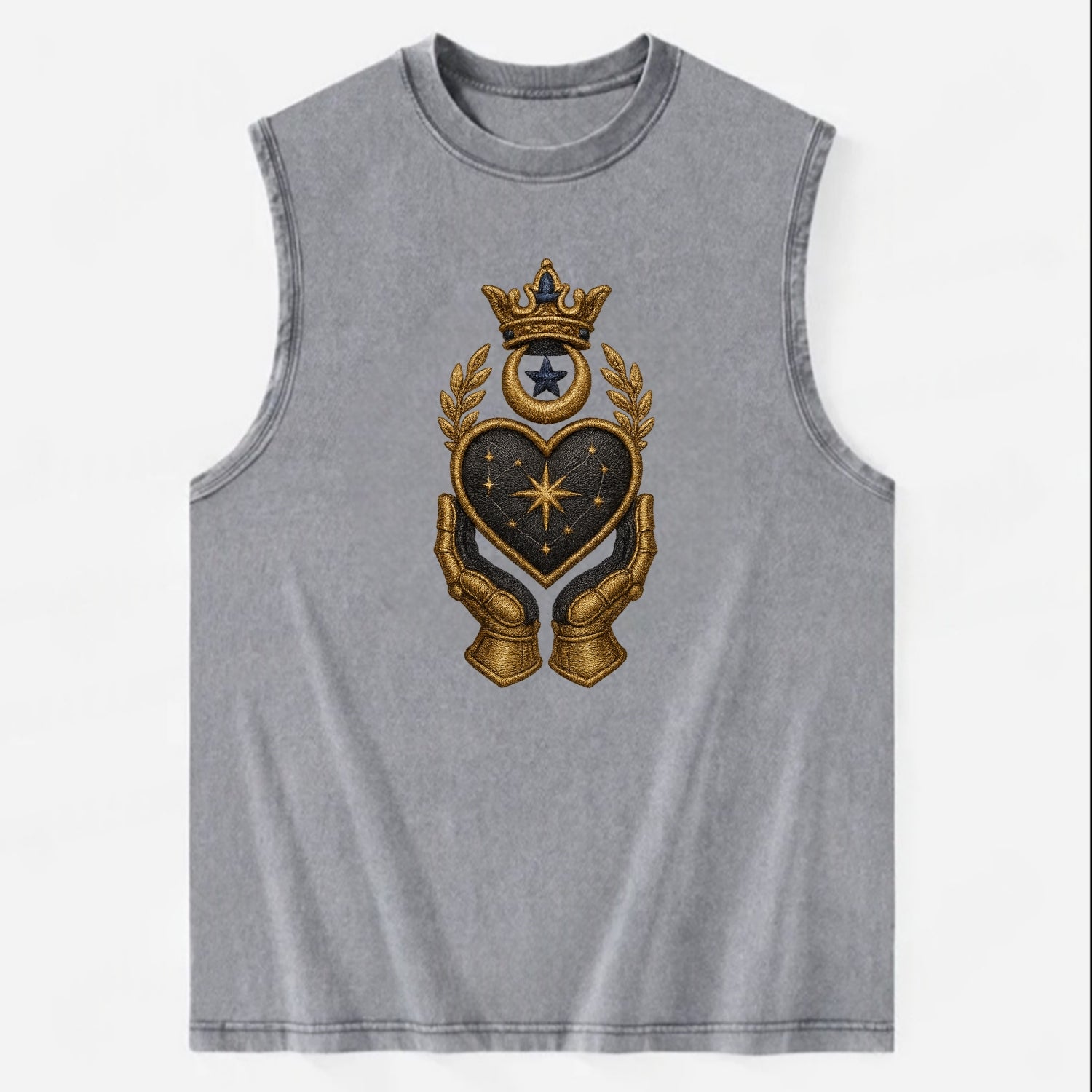 Crowned heart with Art Deco sunburst crown and geometric filigree hands - Vintage Washed Tank - Grey