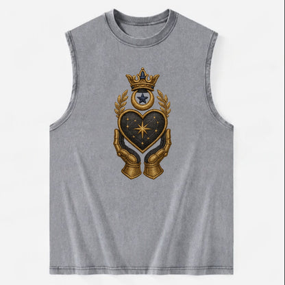 Crowned heart with Art Deco sunburst crown and geometric filigree hands - Vintage Washed Tank - Grey