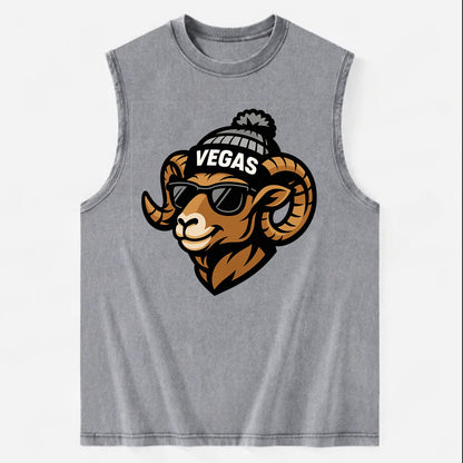 Vegas Desert Bighorn wearing Raiders silver and black beanie with pom pom and - Vintage Washed Tank - Grey