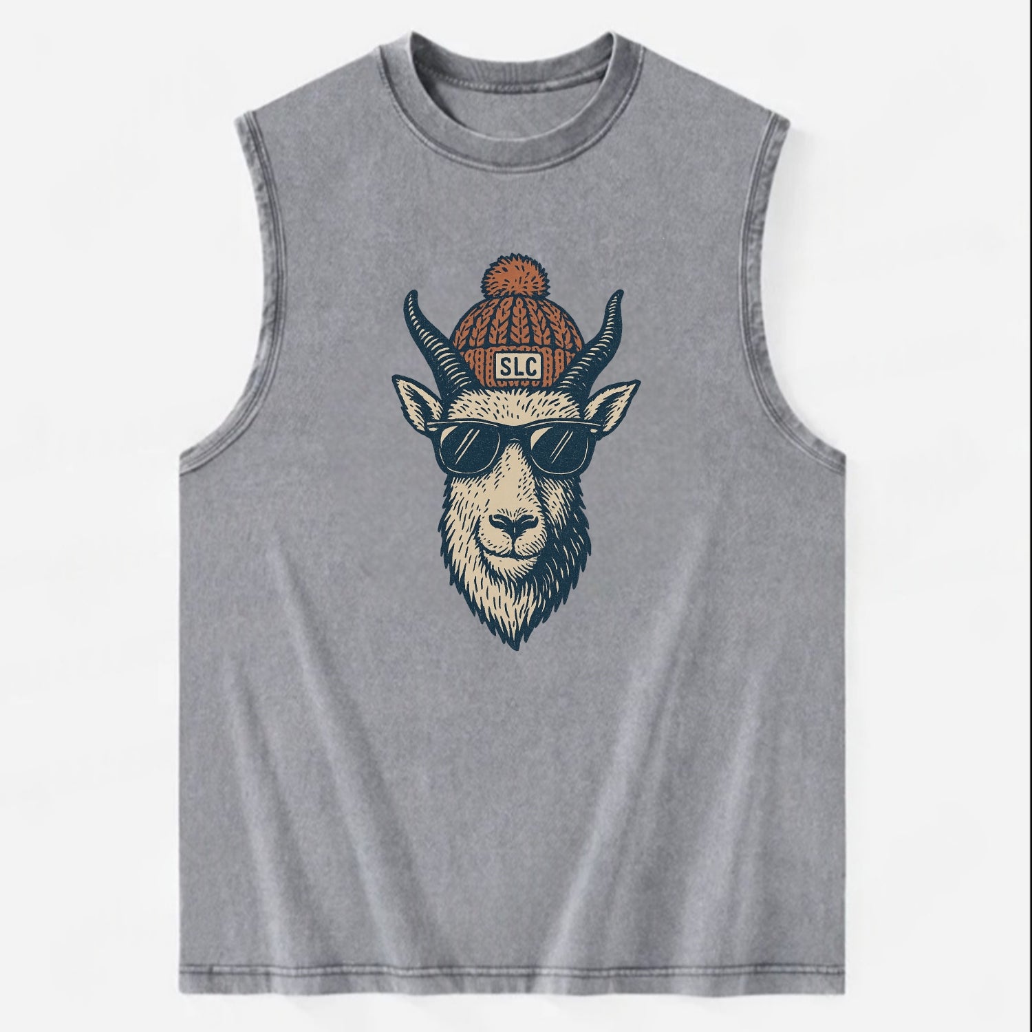 Salt Lake City Mountain Goat wearing SLC beanie with pom pom and wayfarer - Vintage Washed Tank - Grey