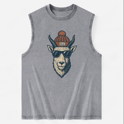 Salt Lake City Mountain Goat wearing SLC beanie with pom pom and wayfarer - Vintage Washed Tank - Grey