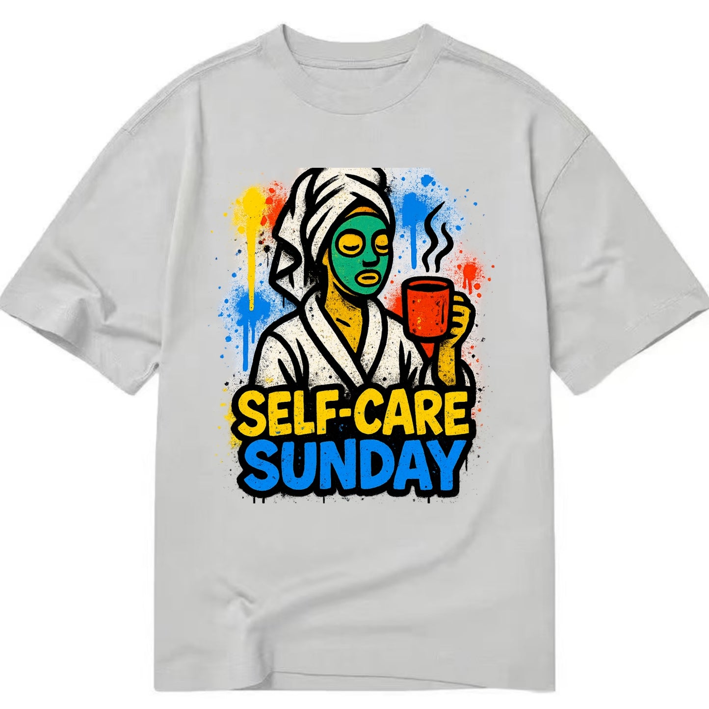 Person in bathrobe with face mask and tea - self-care Sunday ritual, wellness - Classic T-shirt - Grey