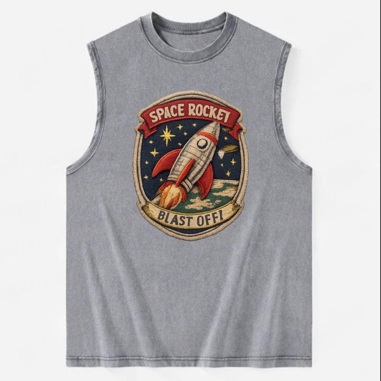 RETRO ROCKET - 1950s space rocket in silver and red , atomic age - Vintage Washed Tank - Grey