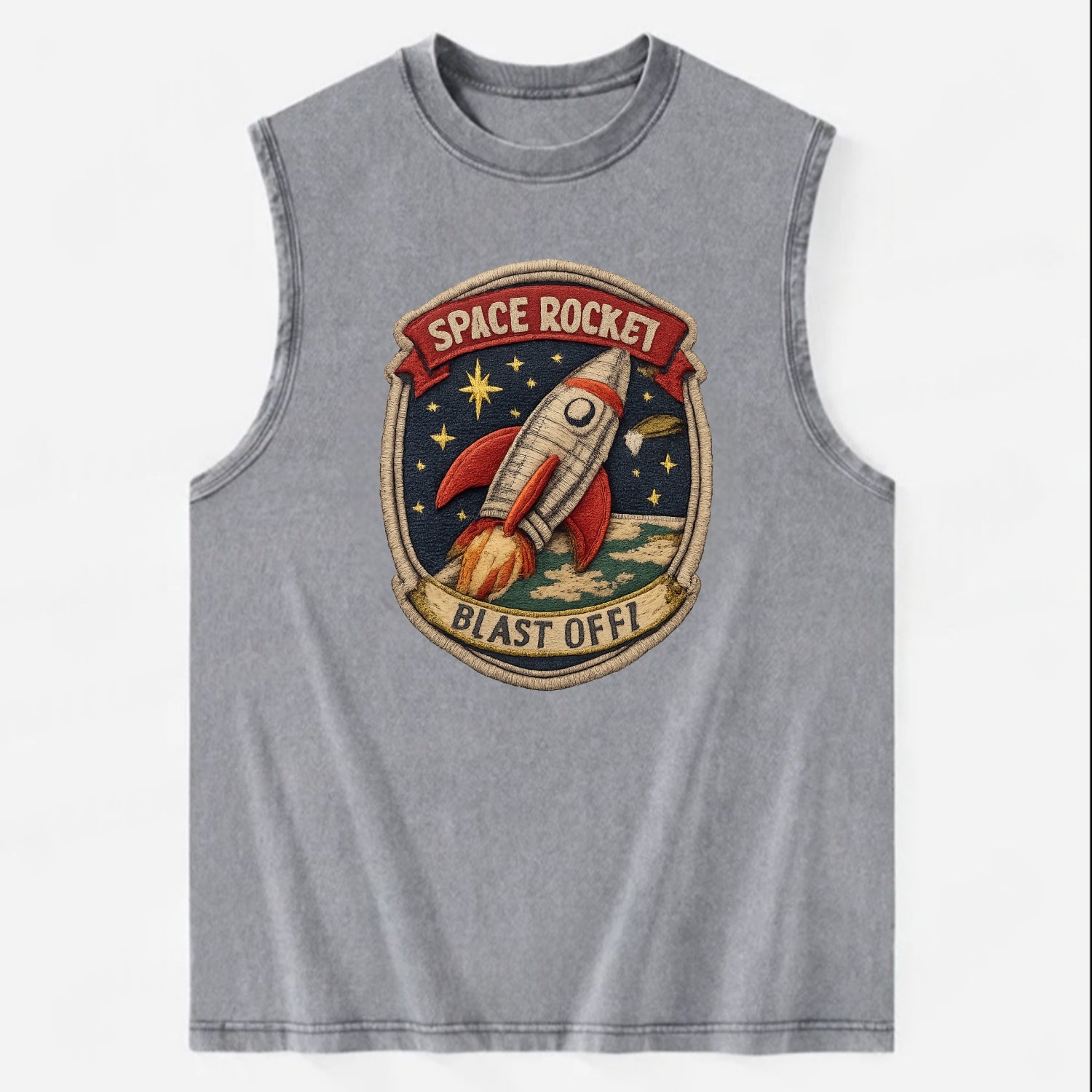 RETRO ROCKET - 1950s space rocket in silver and red , atomic age - Vintage Washed Tank - Grey