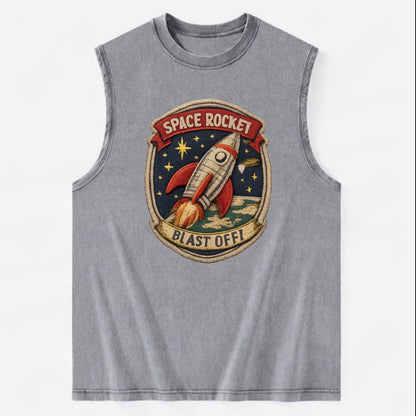 RETRO ROCKET - 1950s space rocket in silver and red , atomic age - Vintage Washed Tank - Grey