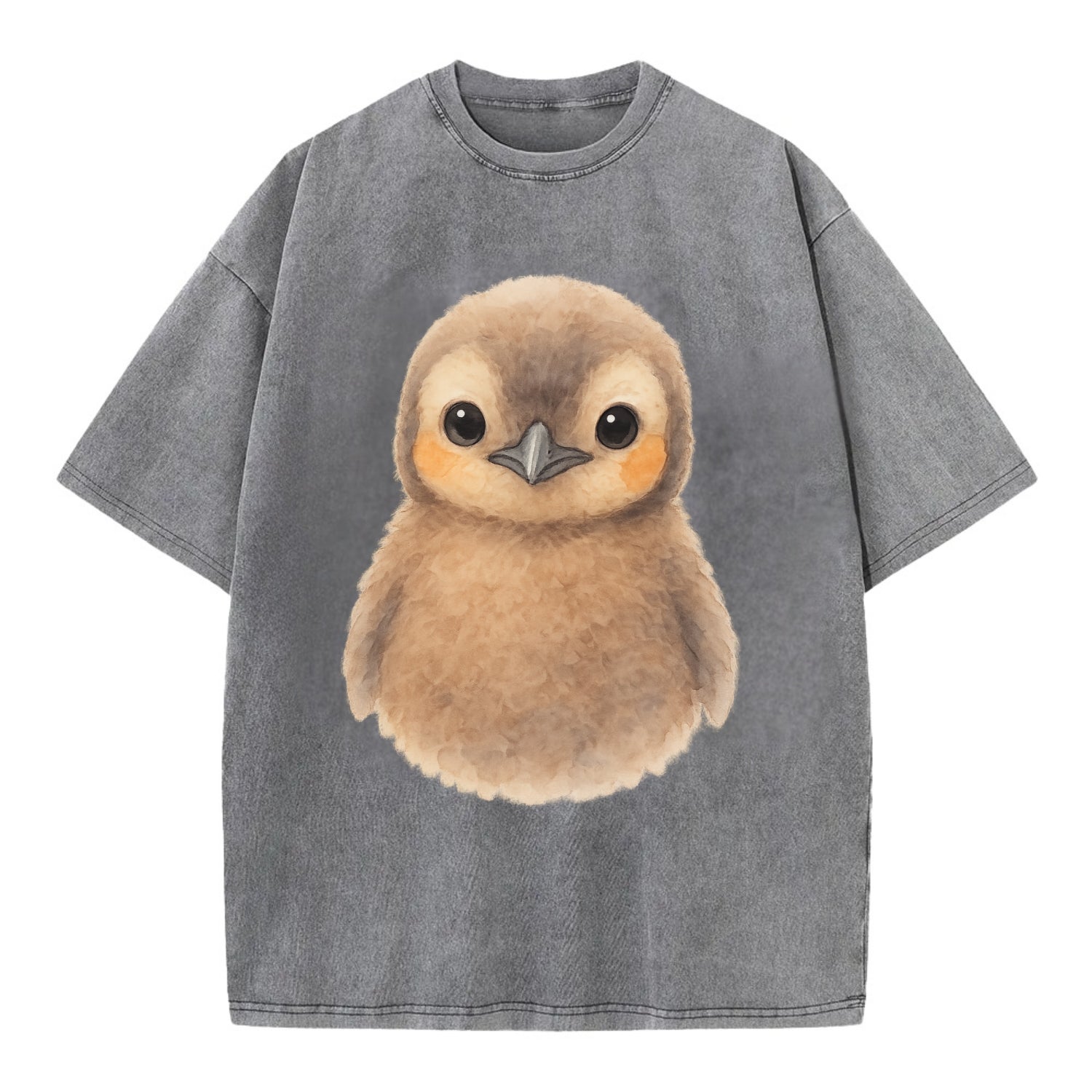 Baby King Penguin - orange cheek patches, fluffy brown, large eyes, front-facing, - Vintage T-shirt - Grey