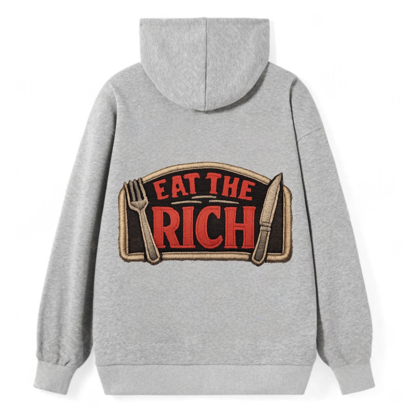 EAT THE RICH - fork and knife with text in red and silver , class war - Classic Pullover Hoodie - Grey