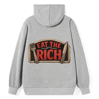 EAT THE RICH - fork and knife with text in red and silver , class war - Classic Pullover Hoodie - Grey