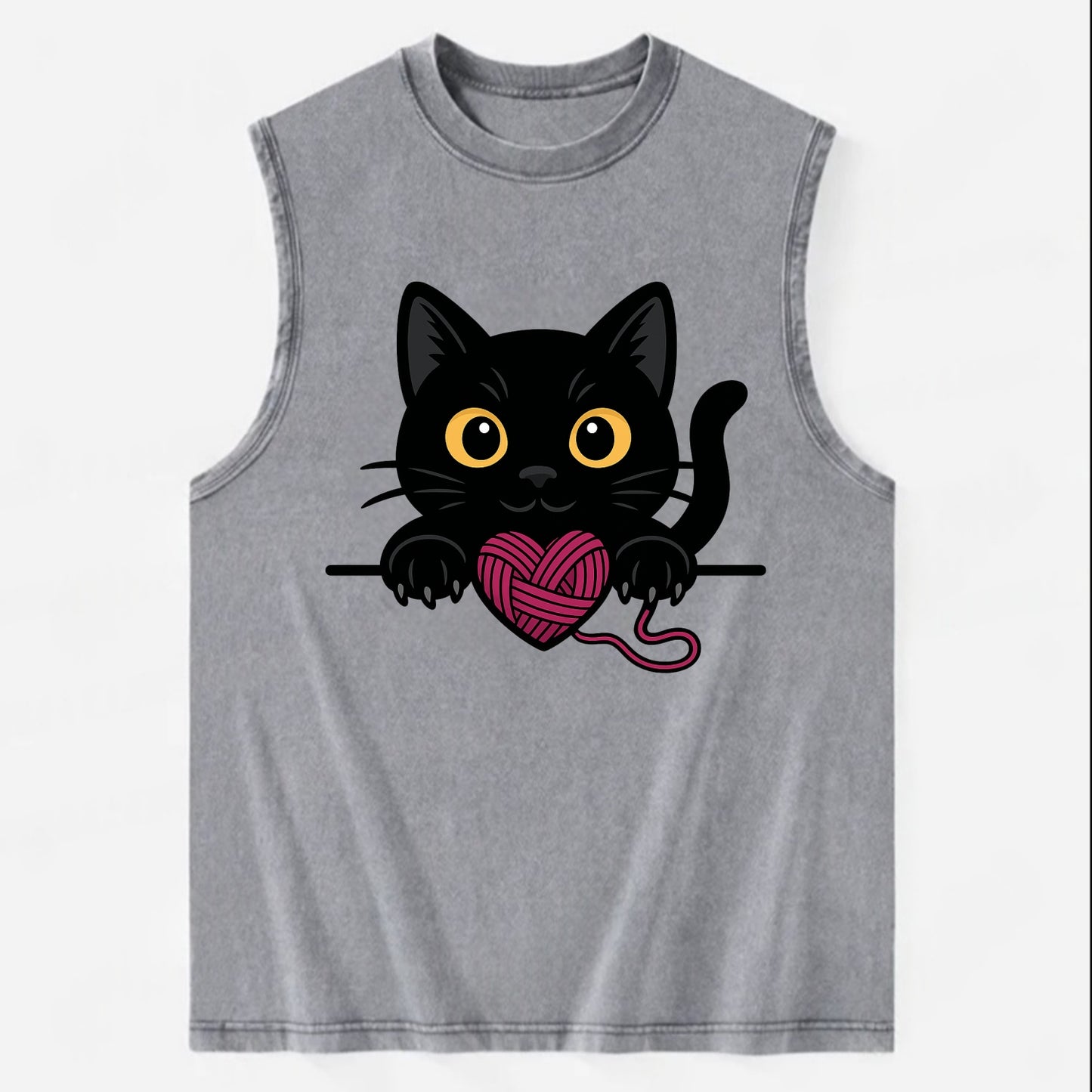 Midnight the black cat stretching tall with claws gently hooked over the edge. - Vintage Washed Tank - Grey