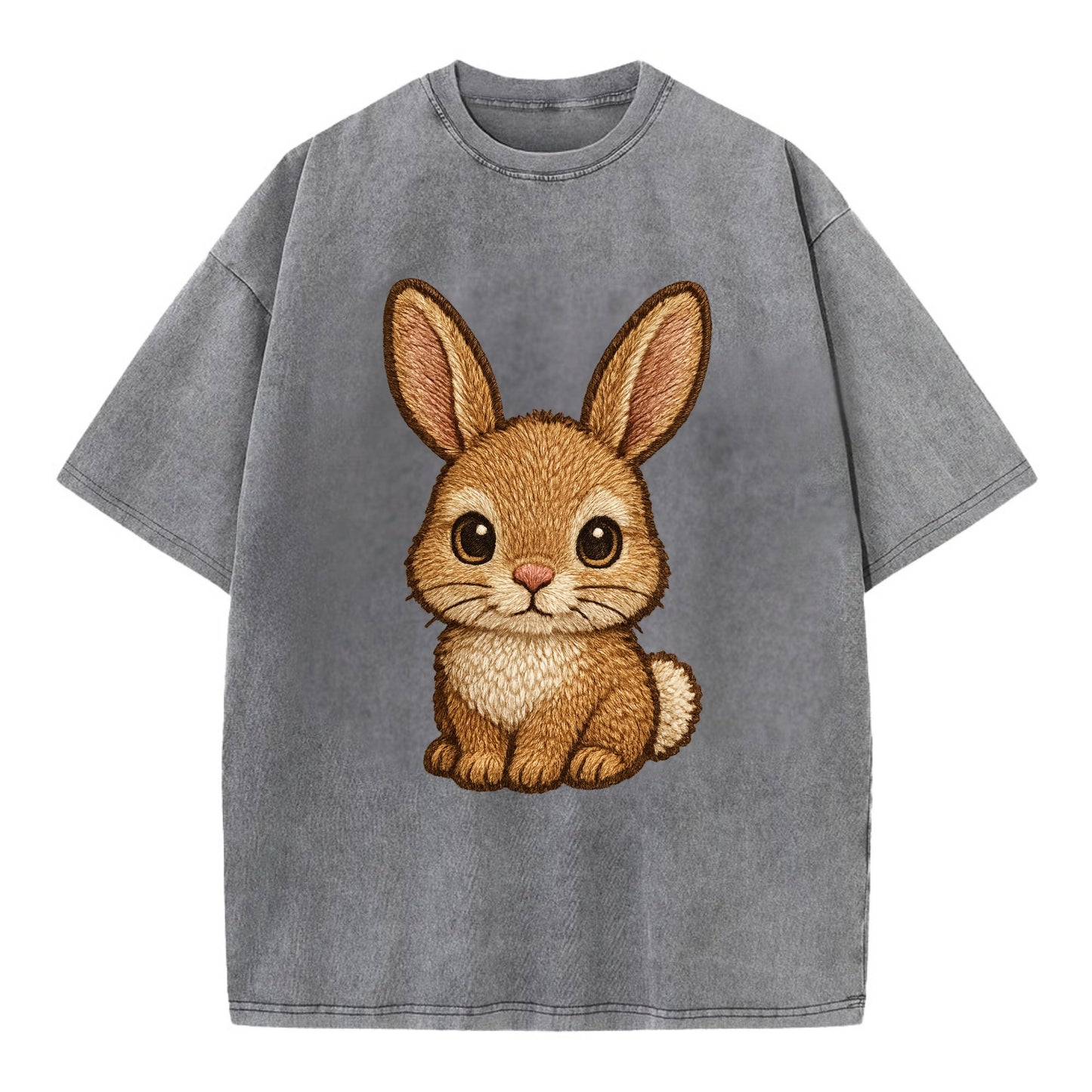 Baby Rabbit - long ears, fluffy white tail, pink nose, large brown eyes, - Vintage T-shirt - Grey