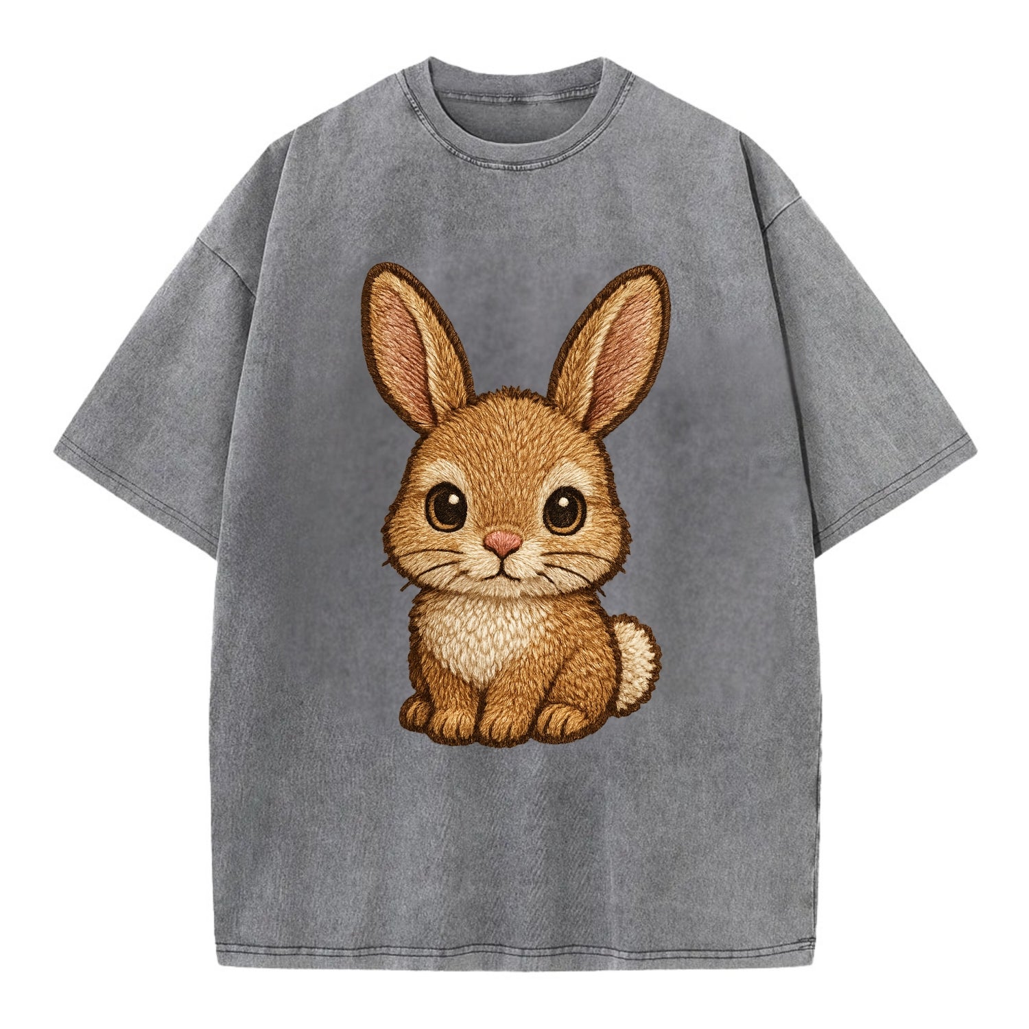 Baby Rabbit - long ears, fluffy white tail, pink nose, large brown eyes, - Vintage T-shirt - Grey