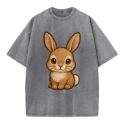 Baby Rabbit - long ears, fluffy white tail, pink nose, large brown eyes, - Vintage T-shirt - Grey