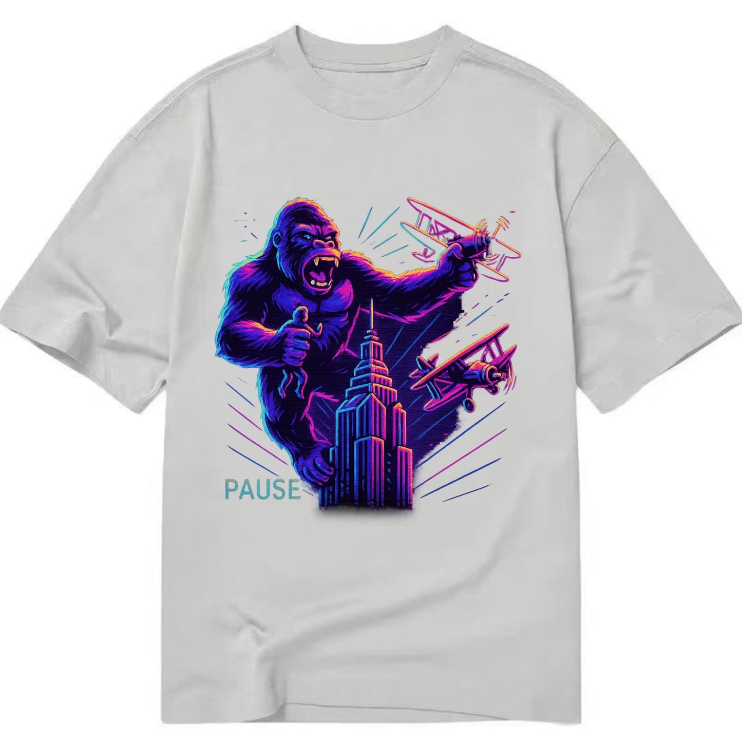 giant gorilla on top of skyscraper holding small figure, swatting planes - Classic T-shirt - Grey