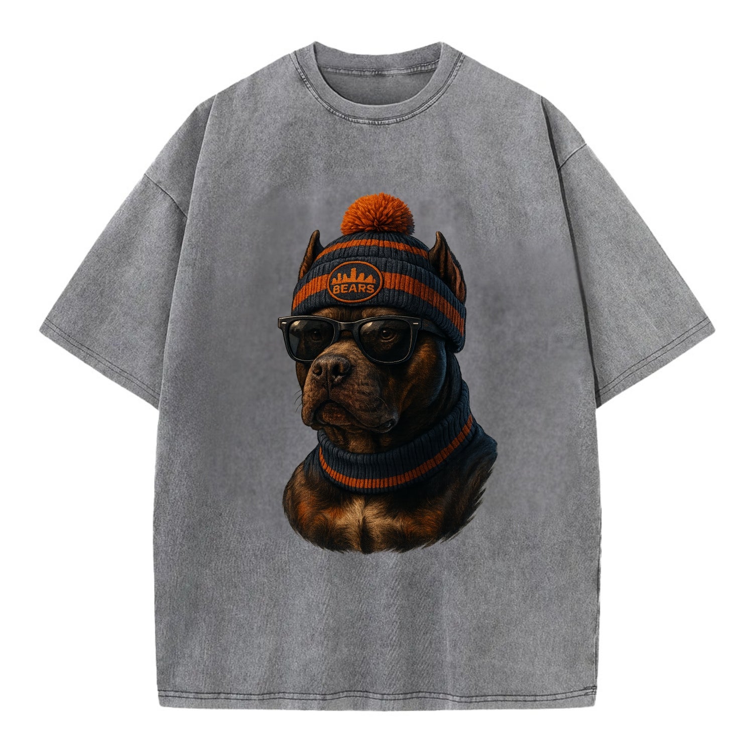 Chicago Pitbull wearing Bears beanie with skyline patch and wayfarer sunglasses - Vintage T-shirt - Grey