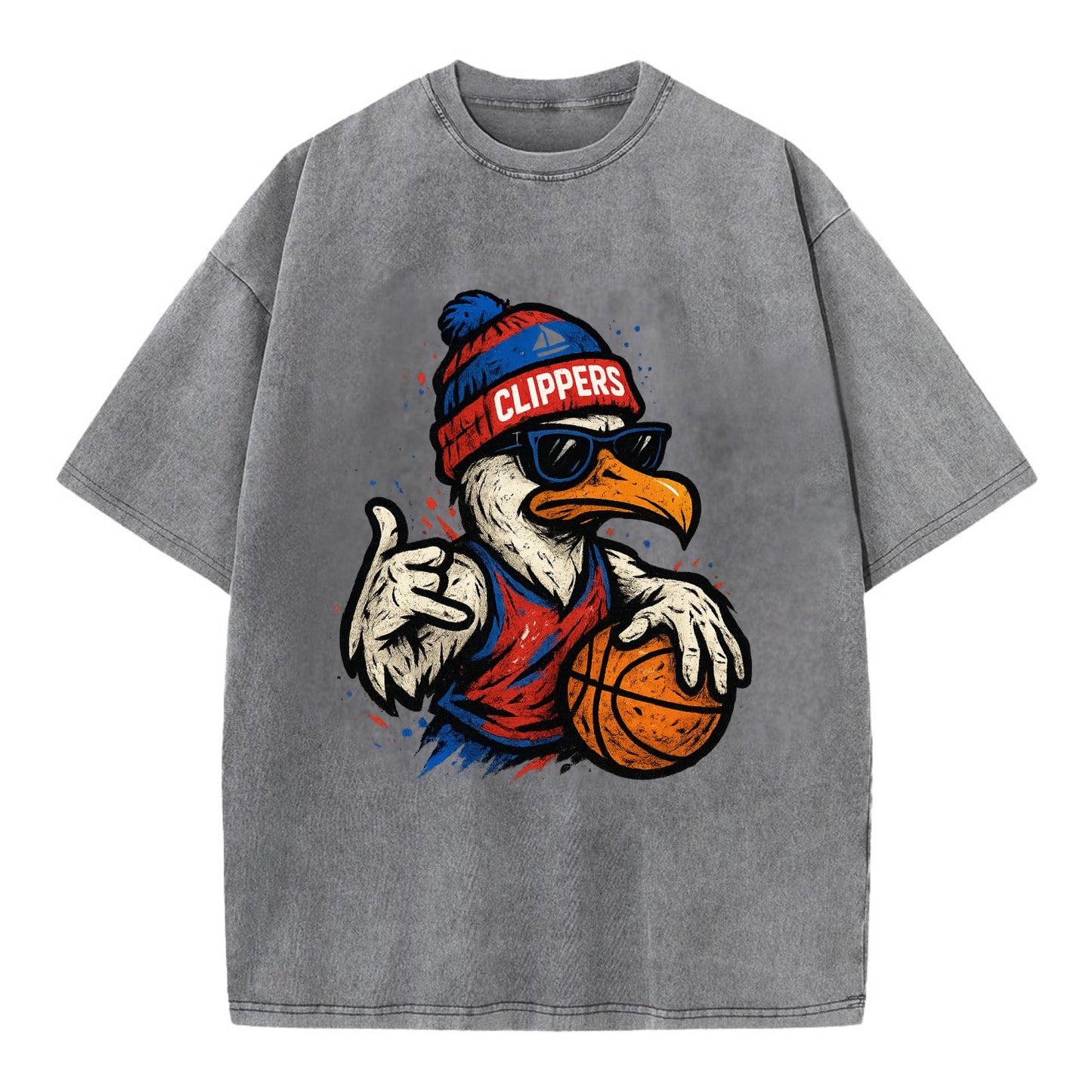 LA Seagull wearing Clippers red white and blue beanie with ship patch and - Vintage T-shirt - Grey