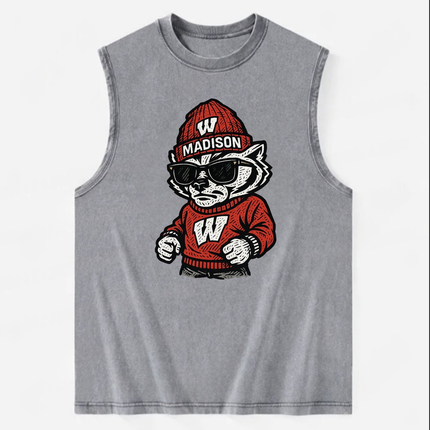 Madison Badger wearing Wisconsin beanie with motion W patch - Vintage Washed Tank - Grey