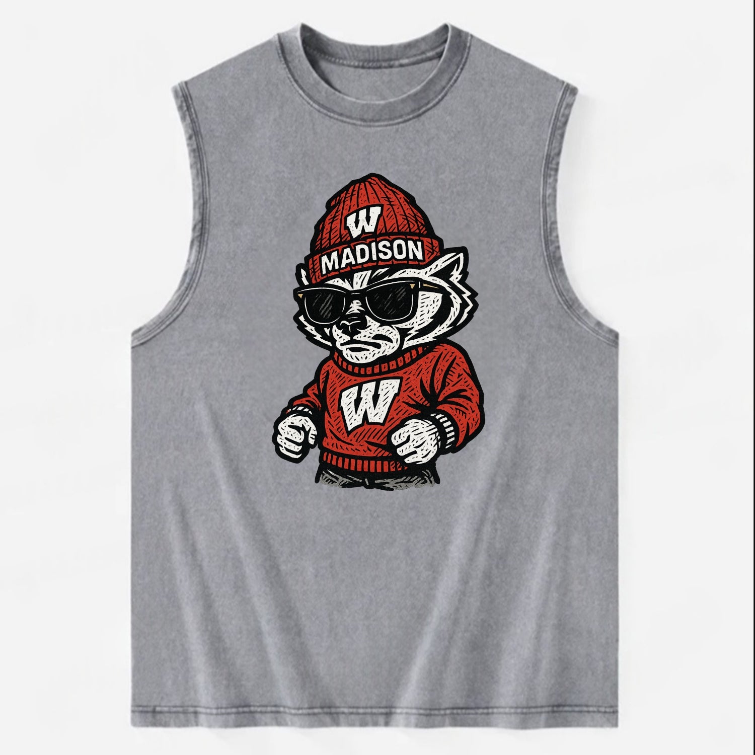 Madison Badger wearing Wisconsin beanie with motion W patch - Vintage Washed Tank - Grey