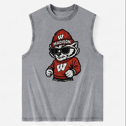 Madison Badger wearing Wisconsin beanie with motion W patch - Vintage Washed Tank - Grey