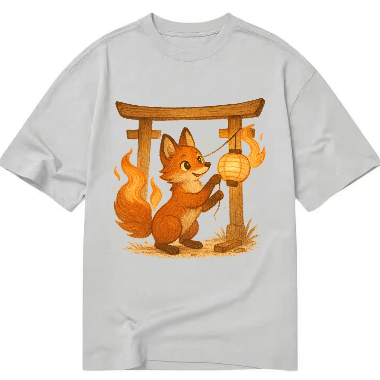 Foxfire kitsune stringing lanterns along a torii gate with tails of living flame - Classic T-shirt - Grey