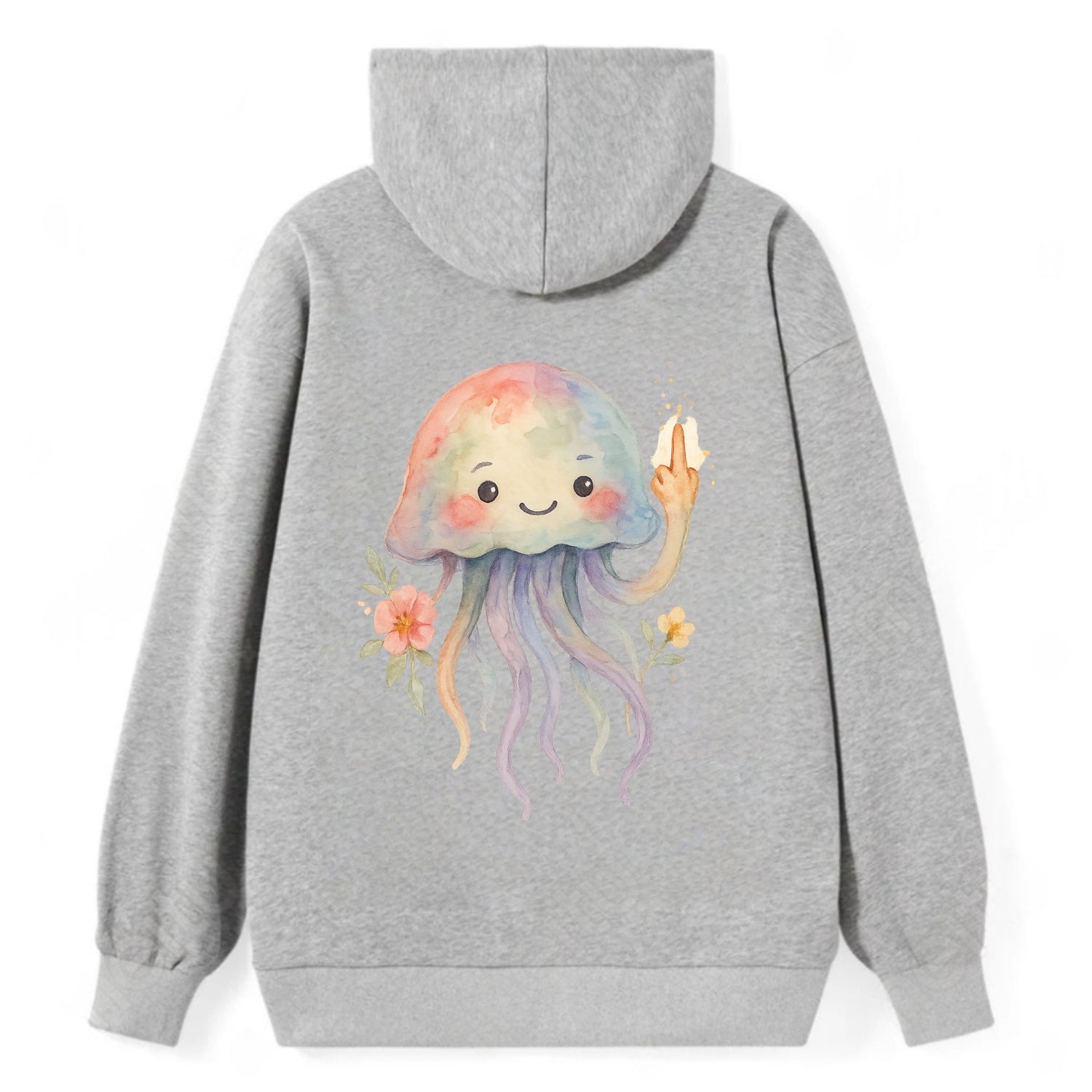 jellyfish with kawaii face and tentacles, one tentacle pointing up - Classic Pullover Hoodie - Grey