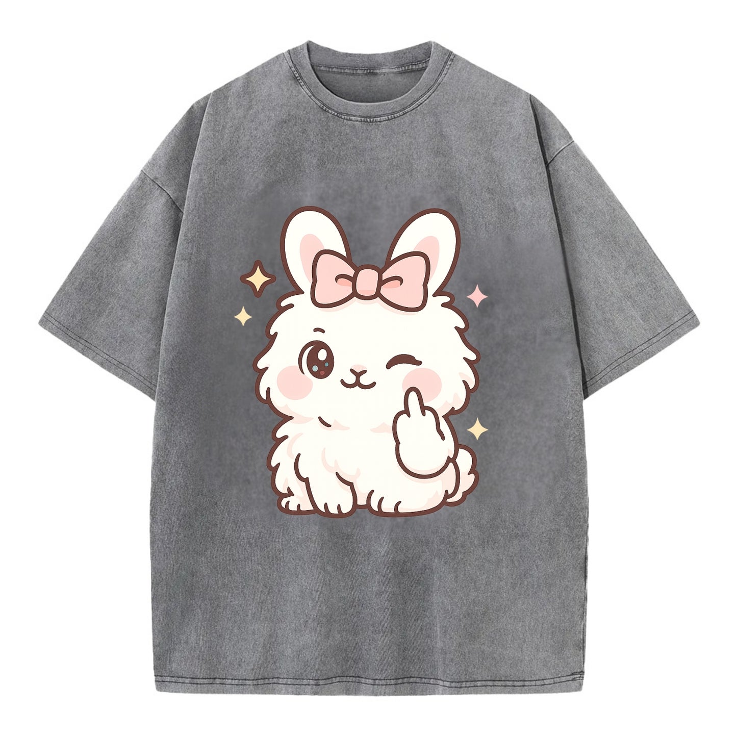 fluffy white angora rabbit with pink bow, one paw delicately flipping off - Vintage T-shirt - Grey