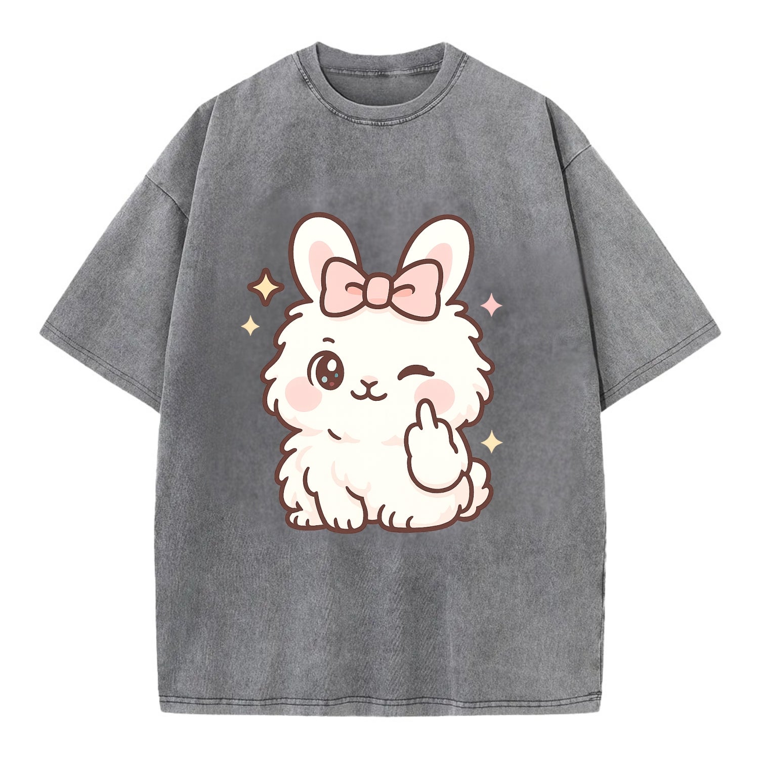 fluffy white angora rabbit with pink bow, one paw delicately flipping off - Vintage T-shirt - Grey
