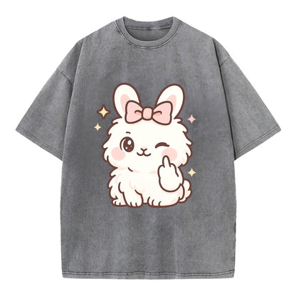 fluffy white angora rabbit with pink bow, one paw delicately flipping off - Vintage T-shirt - Grey