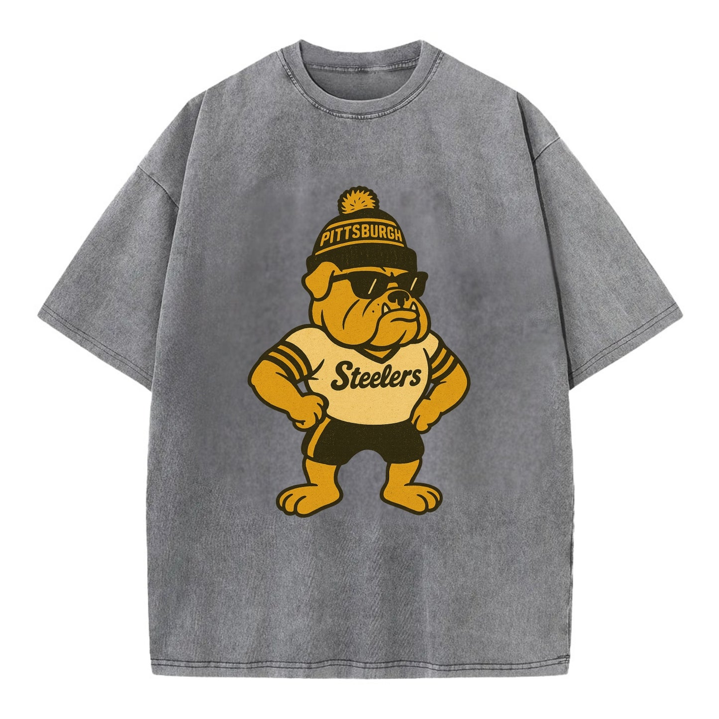 Pittsburgh Bulldog wearing Steelers black and gold beanie with pom pom and - Vintage T-shirt - Grey