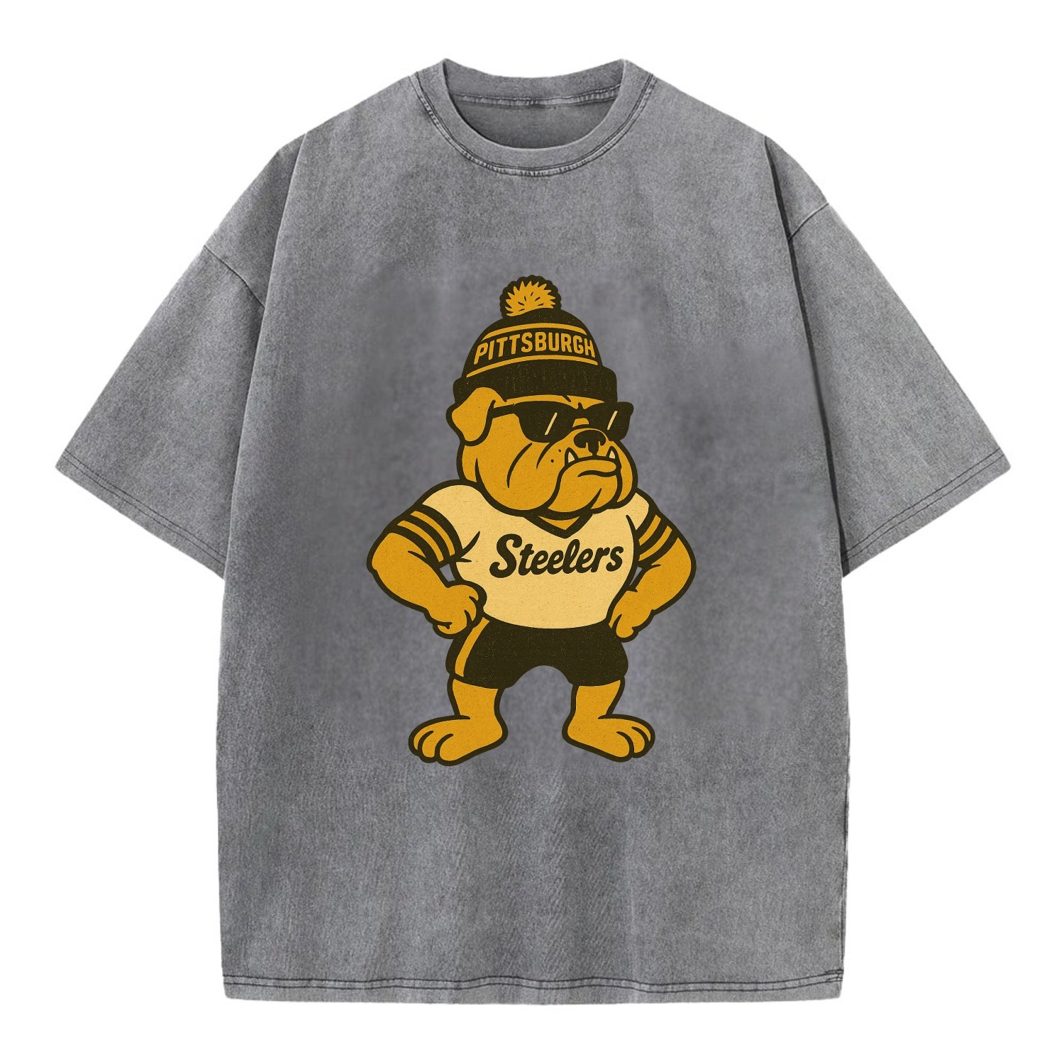 Pittsburgh Bulldog wearing Steelers black and gold beanie with pom pom and - Vintage T-shirt - Grey