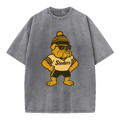 Pittsburgh Bulldog wearing Steelers black and gold beanie with pom pom and - Vintage T-shirt - Grey