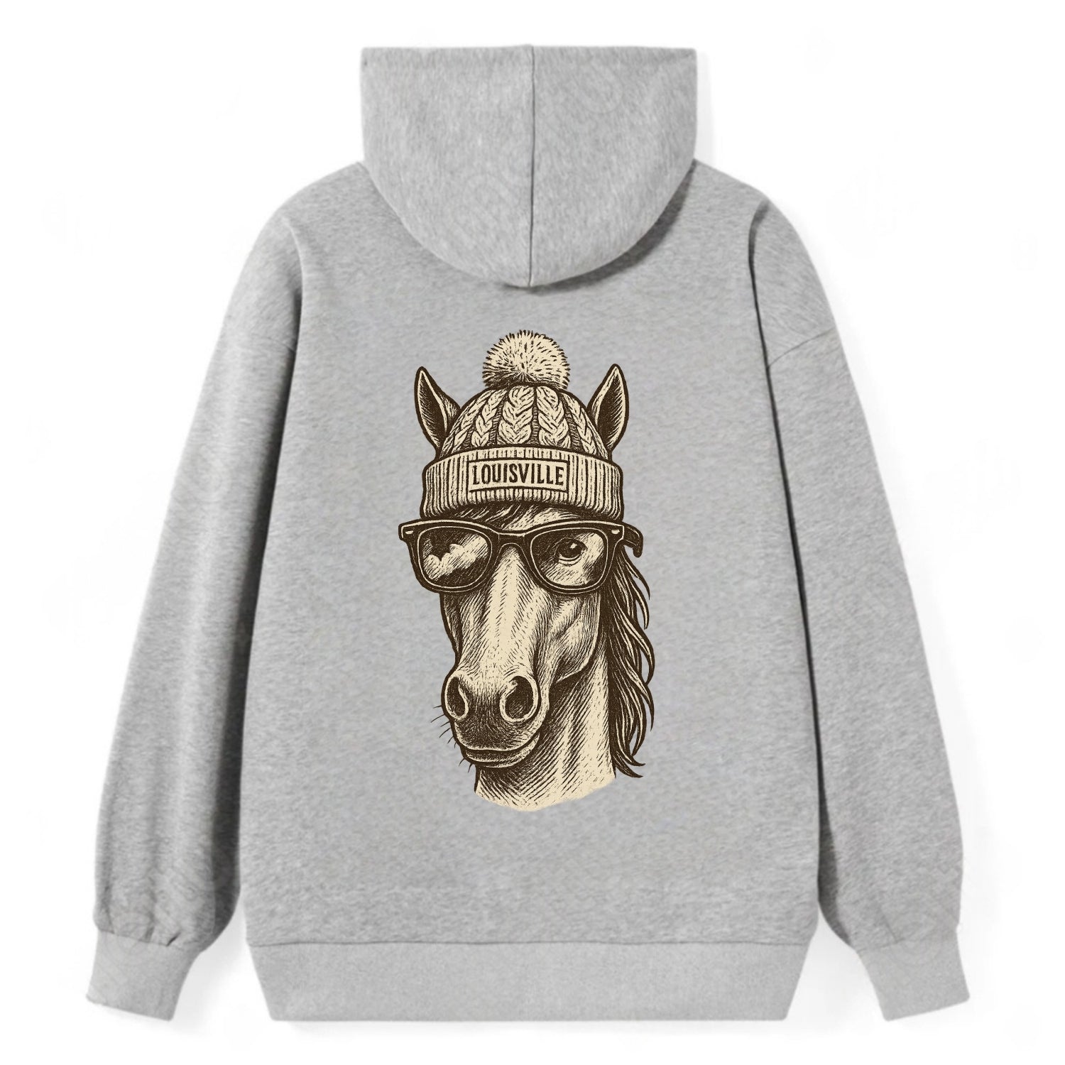 Kentucky Thoroughbred Horse wearing Louisville beanie with pom pom and - Classic Pullover Hoodie - Grey