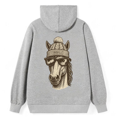Kentucky Thoroughbred Horse wearing Louisville beanie with pom pom and - Classic Pullover Hoodie - Grey