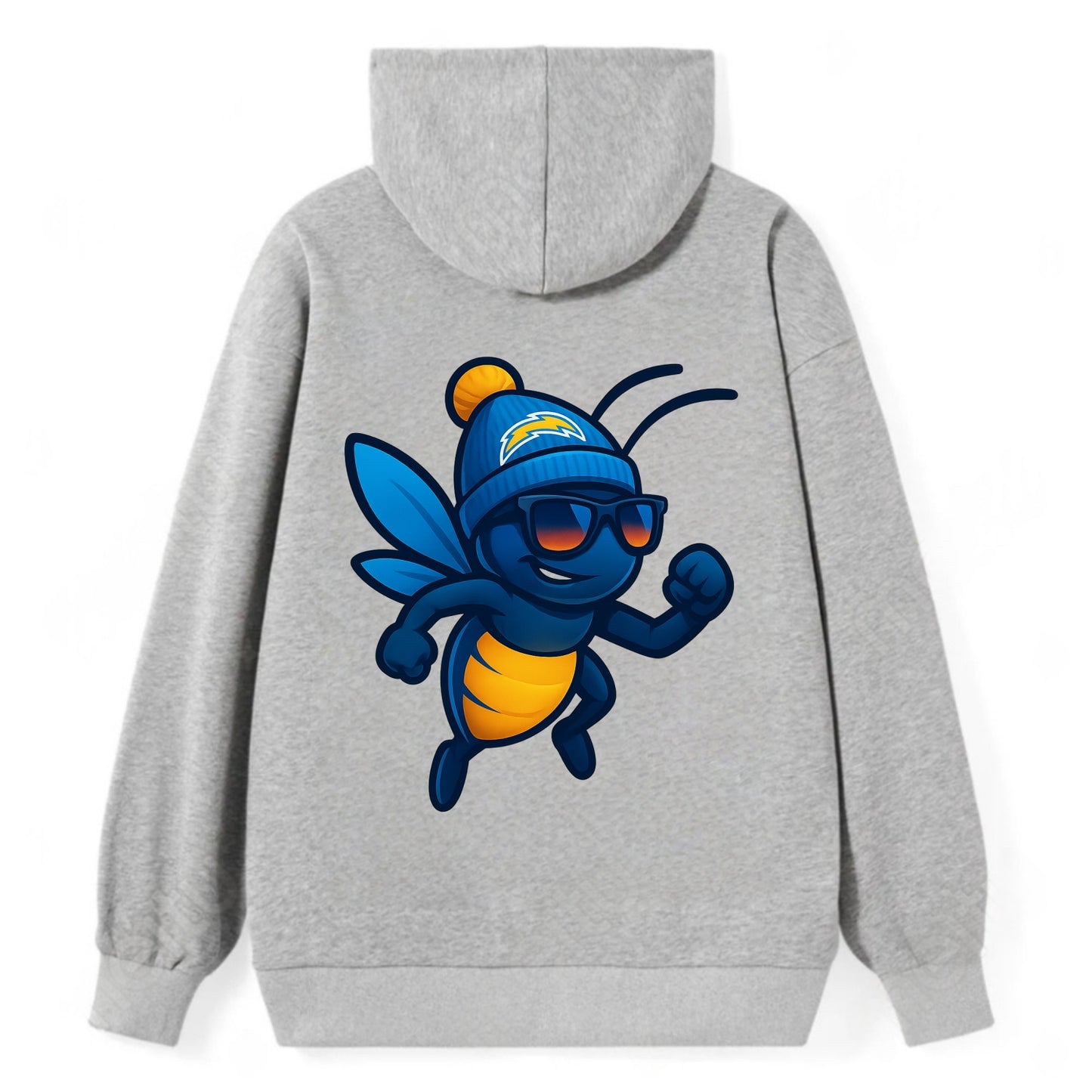 LA Lightning Bug wearing Chargers powder blue and gold beanie with pom - Classic Pullover Hoodie - Grey