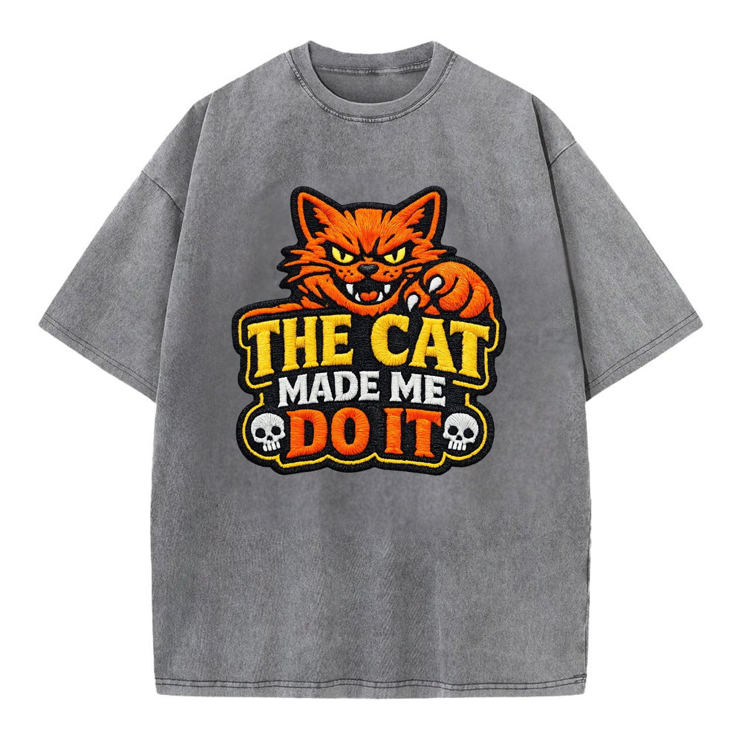THE CAT MADE ME DO IT - mischievous cat in orange , blame the cat - Vintage T-shirt - Grey
