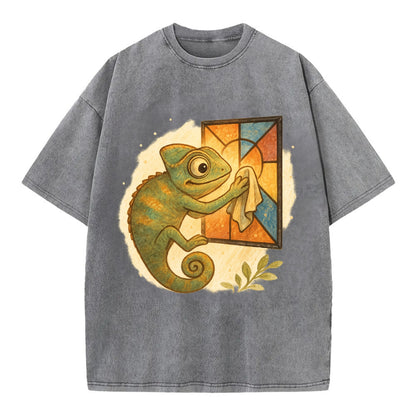 Chameleon blending into a stained-glass window it is polishing with delicate - Vintage T-shirt - Grey
