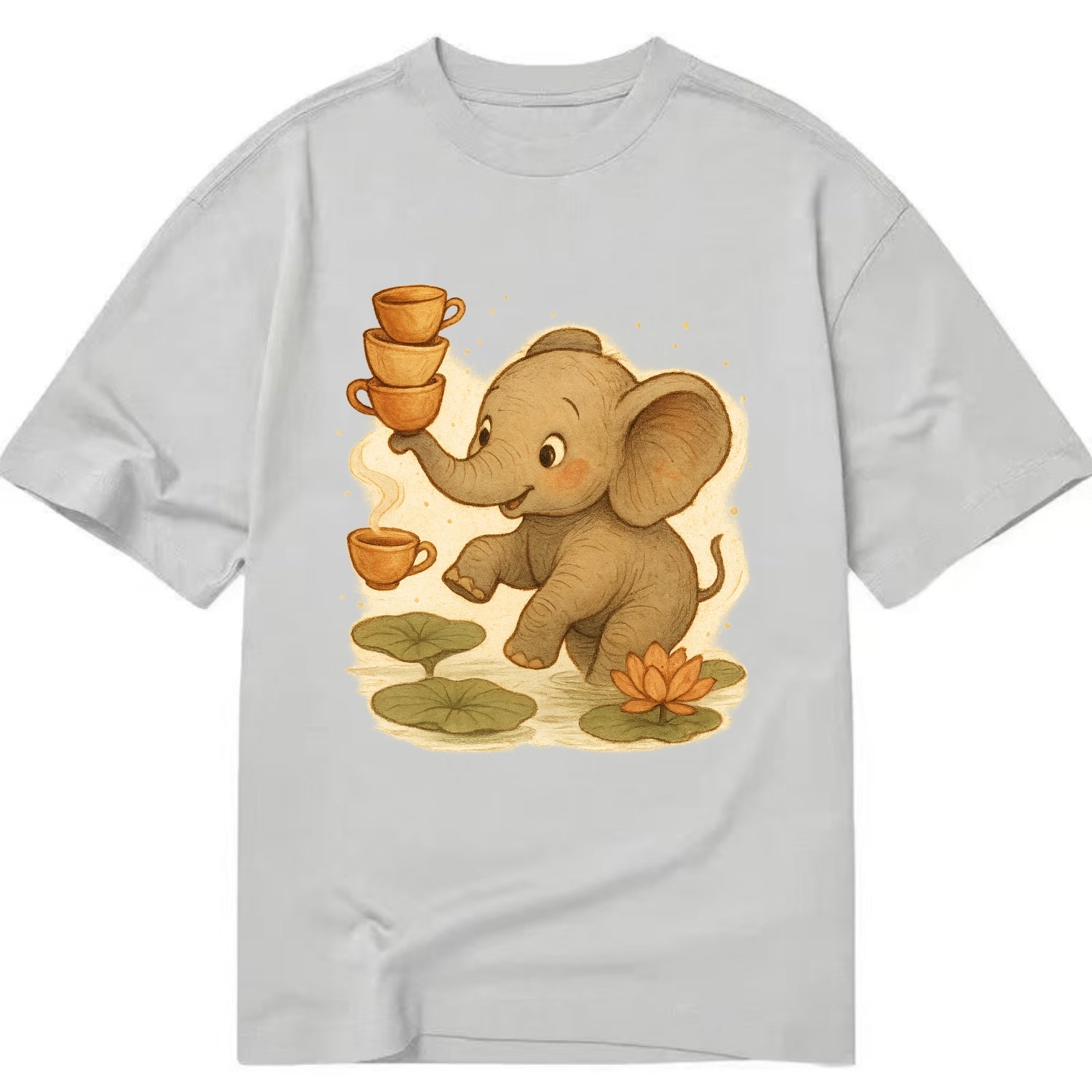 Elephant balancing teacups during a floating tea ceremony beside lotus ponds - Classic T-shirt - Grey