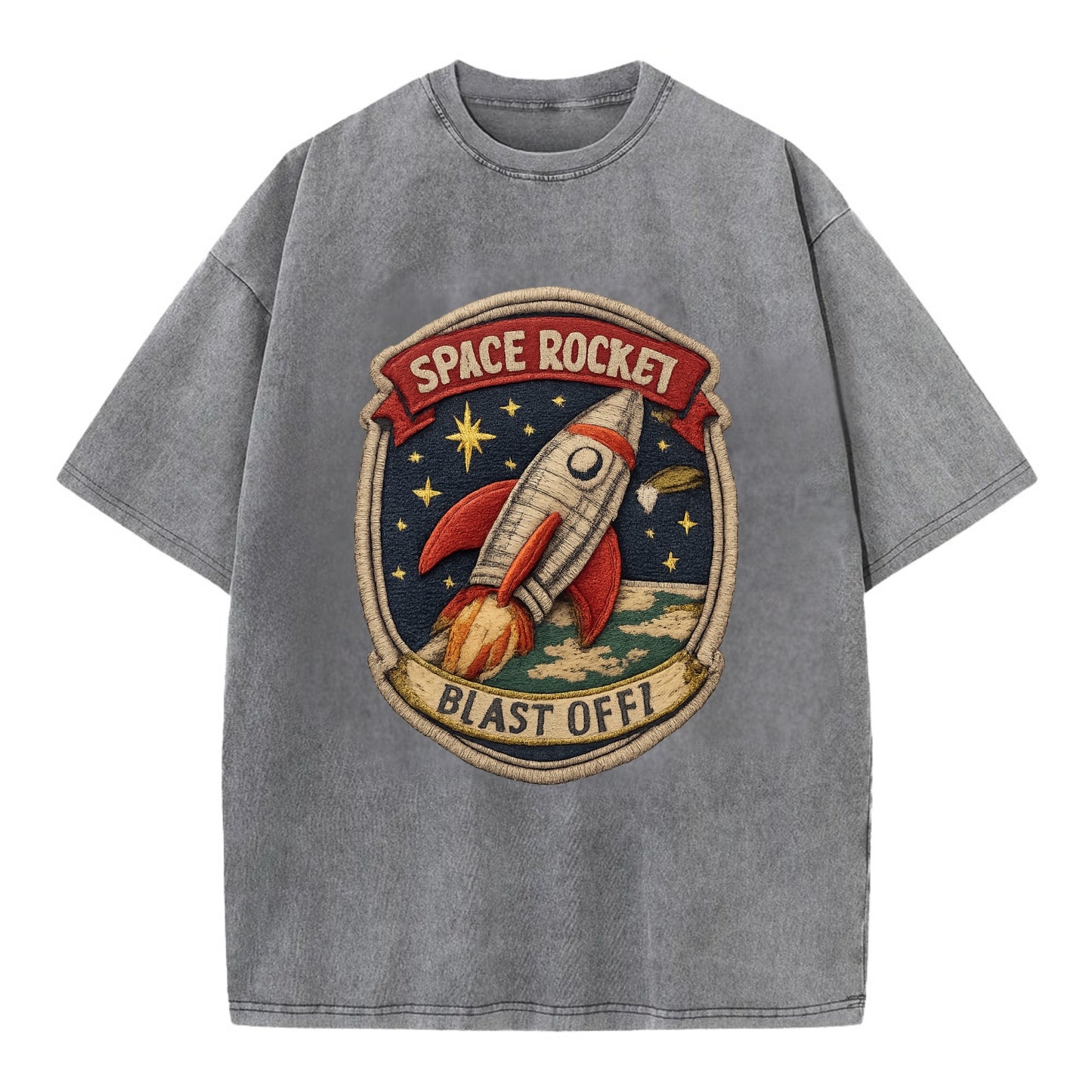 RETRO ROCKET - 1950s space rocket in silver and red , atomic age - Vintage T-shirt - Grey
