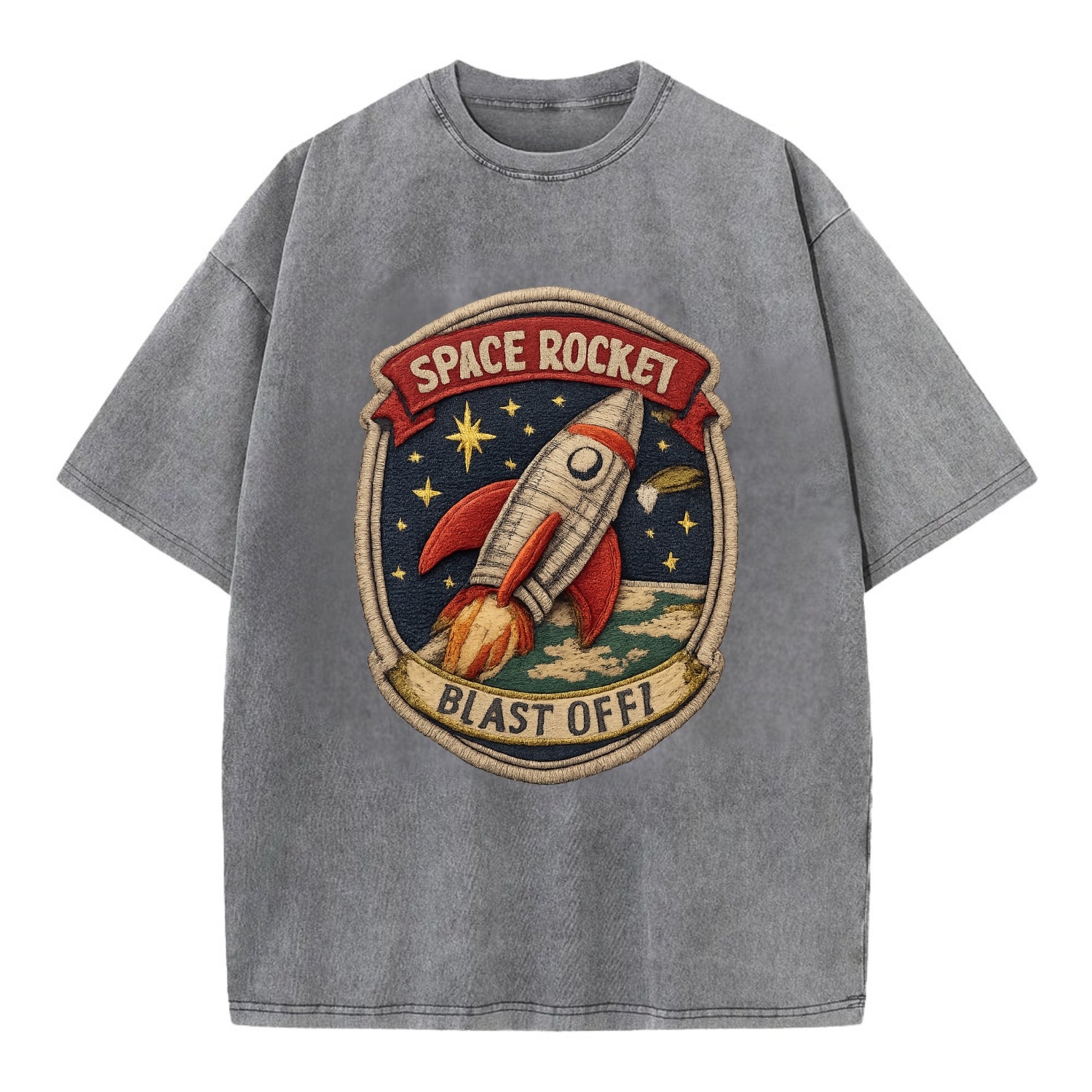 RETRO ROCKET - 1950s space rocket in silver and red , atomic age - Vintage T-shirt - Grey