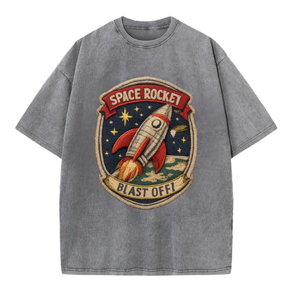RETRO ROCKET - 1950s space rocket in silver and red , atomic age - Vintage T-shirt - Grey