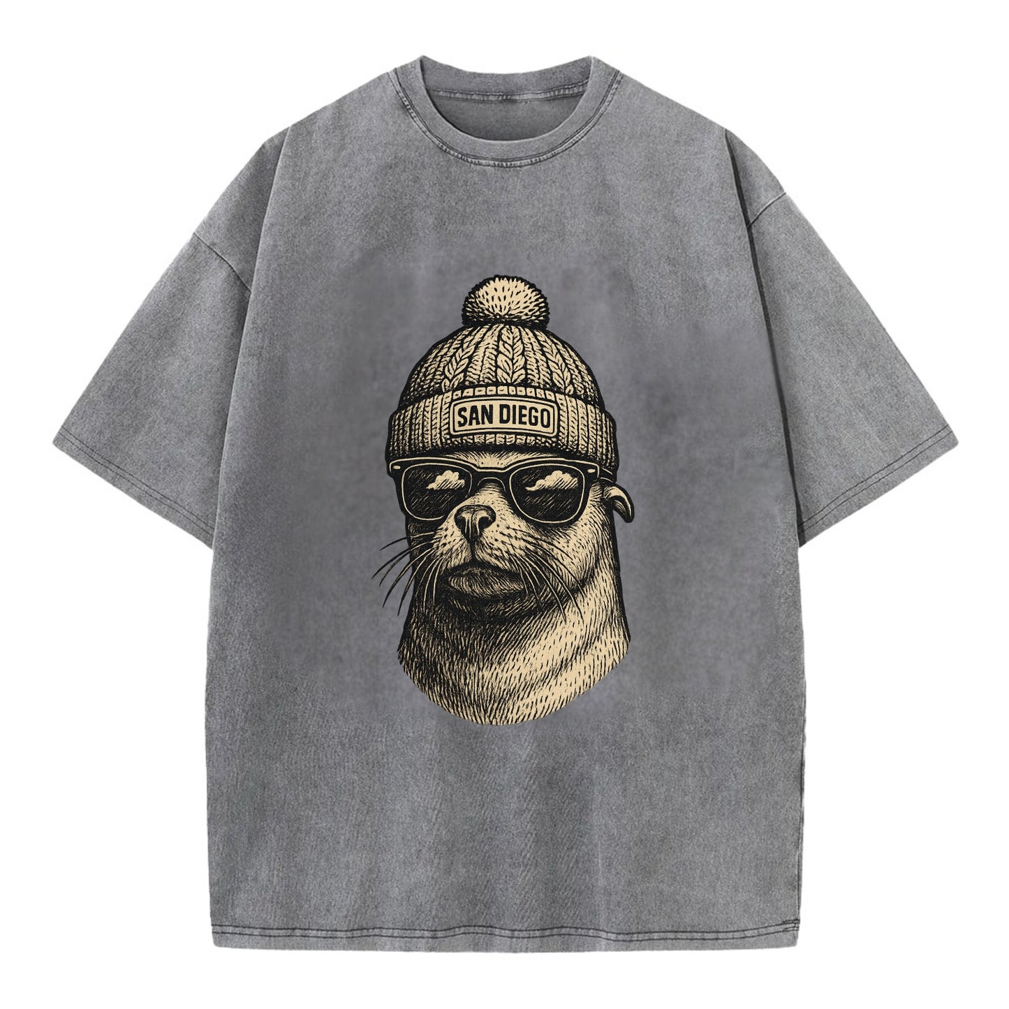 San Diego Sea Lion wearing San Diego beanie with pom pom and wayfarer sunglasses - Vintage T-shirt - Grey