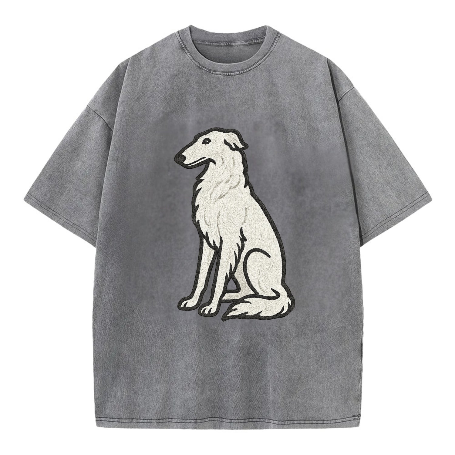 Borzoi - White embroidered sitting pose - Vintage T-shirt - Grey