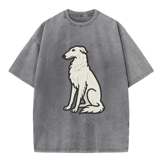Borzoi - White embroidered sitting pose - Vintage T-shirt - Grey