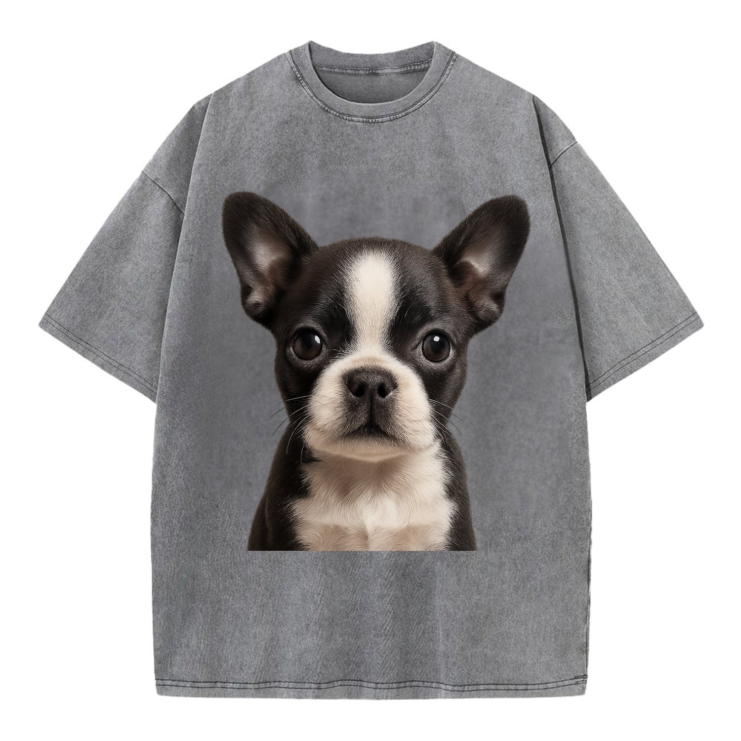 Baby Boston Terrier Puppy - tuxedo markings, big round eyes, bat ears, - Vintage T-shirt - Grey