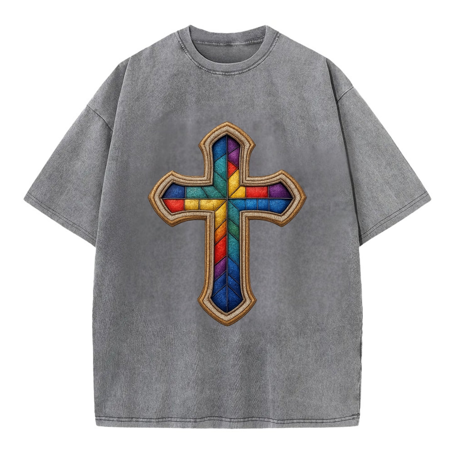 Stained Glass Cross  - Vintage T-shirt - Grey