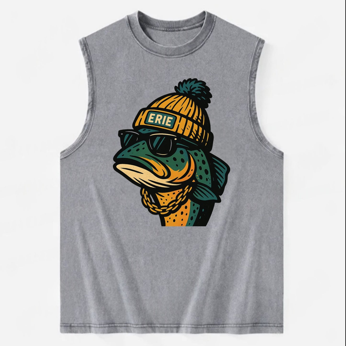 Erie Lake Trout wearing Erie beanie with pom pom and wayfarer sunglasses - Vintage Washed Tank - Grey