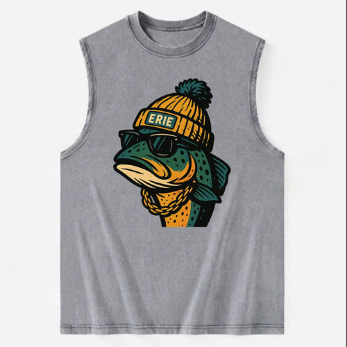 Erie Lake Trout wearing Erie beanie with pom pom and wayfarer sunglasses - Vintage Washed Tank
