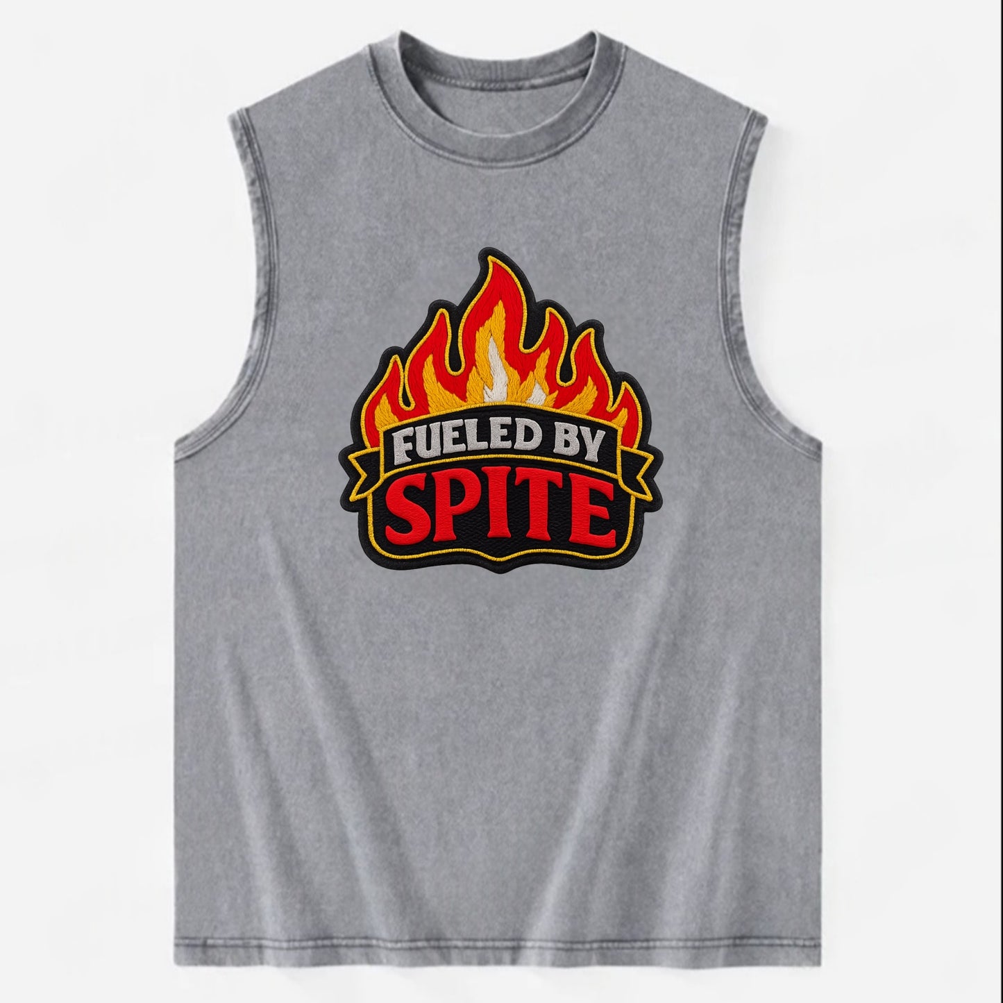 FUELED BY SPITE - fire with text in black and red , petty motivation - Vintage Washed Tank - Grey