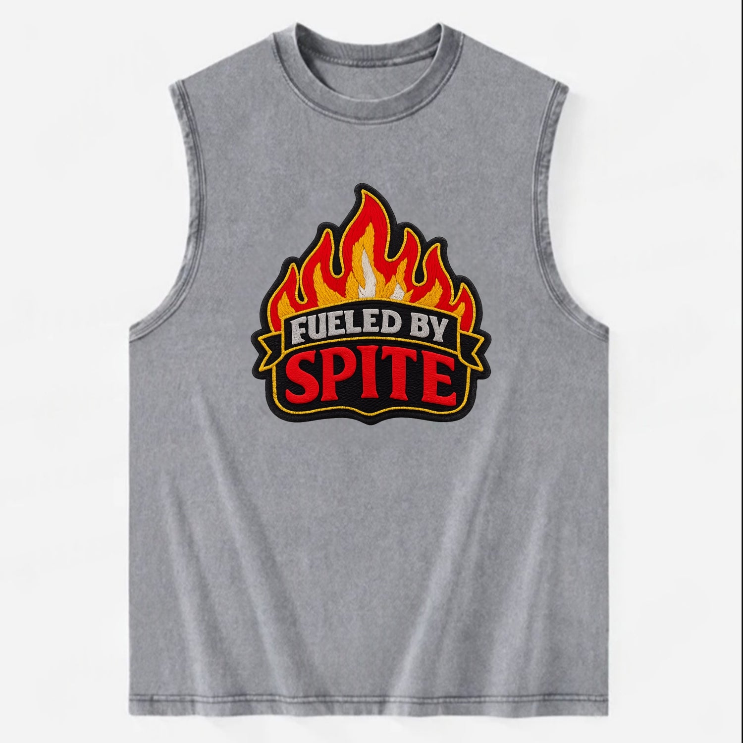 FUELED BY SPITE - fire with text in black and red , petty motivation - Vintage Washed Tank - Grey